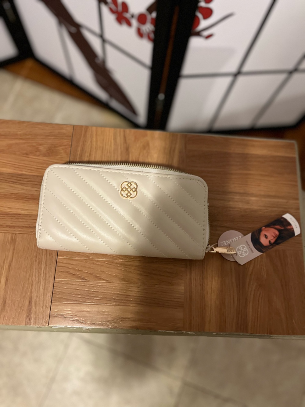 Daisy Fuentes Cream Quilted Zip-Around Wallet with Gold Logo